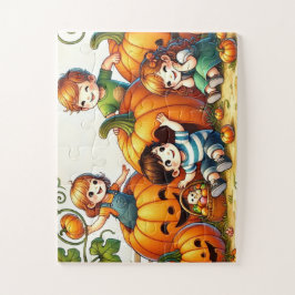 Kinderen spelen in een pompoen patch legpuzzel
