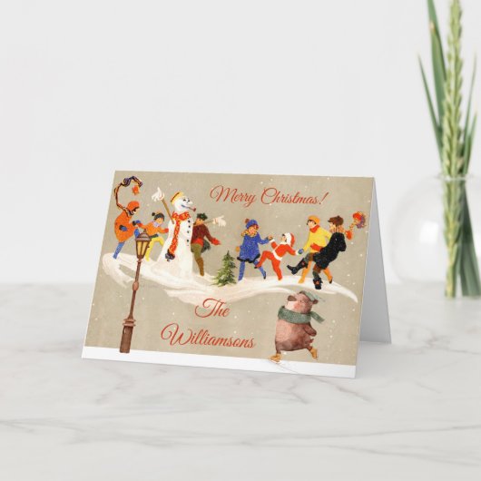 Kinderen spelen in sneeuwcharmant Skateboarder Bee Feestdagen Kaart (Voorkant)