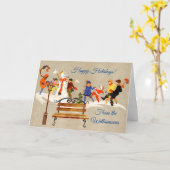 Kinderen spelen in Sneeuwnaam Art Deco Holiday Kaa Kaart (Gele Bloem)