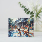 Kinderen spelen in zwembad, briefkaart (Staand voorkant)