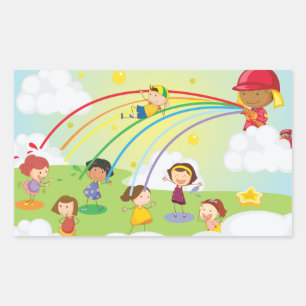 Kinderen spelen onder vuurspuitregenboog rechthoekige sticker