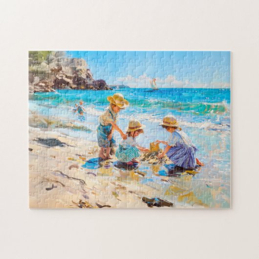 Kinderen spelen op het strand - Impressionistische Legpuzzel (Horizontaal)