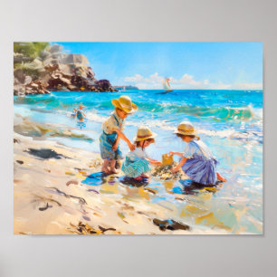 Kinderen spelen op het strand - Impressionistische Poster