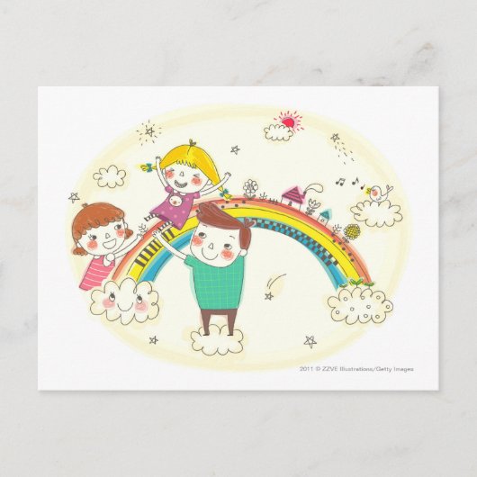 Kinderen spelen op regenboog briefkaart (Voorkant)
