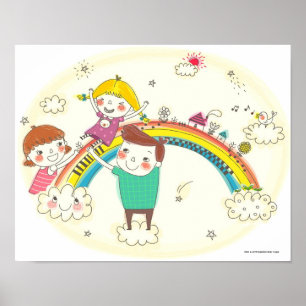 Kinderen spelen op regenboog poster