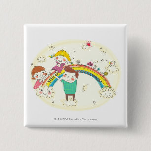 Kinderen spelen op regenboog vierkante button 5,1 cm