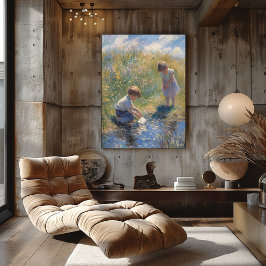 Kinderen spelend bij een vijver in de zon – Impres Poster