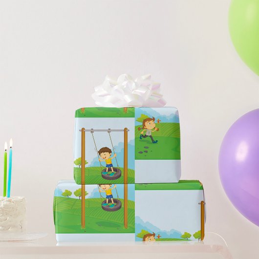 Kinderen spelend op autoband schommel cadeaupapier