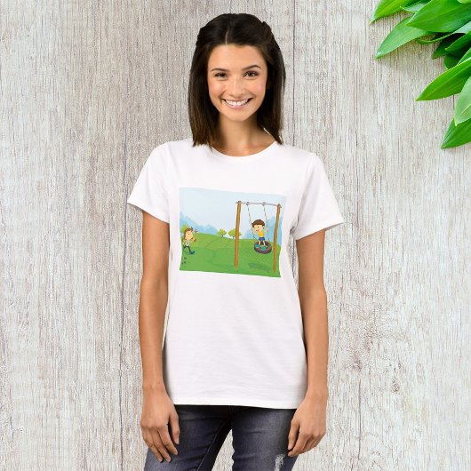 Kinderen spelend op autoband schommel t-shirt