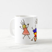 Kinderen, stokfiguren, blij koffiemok (Voorkant links)