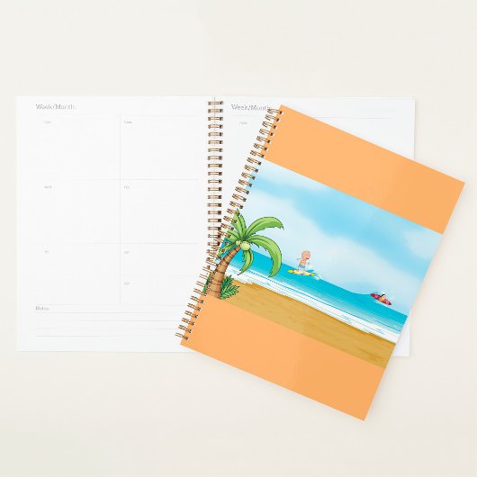 Kinderen surfen op tropisch strand, leuk zomerplez planner