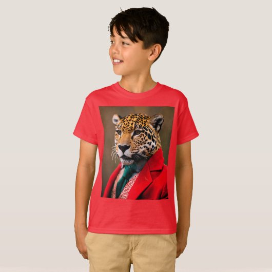 Kinderen T-shirt met Happy Jaguar in een rood pak (Voorkant volledig)
