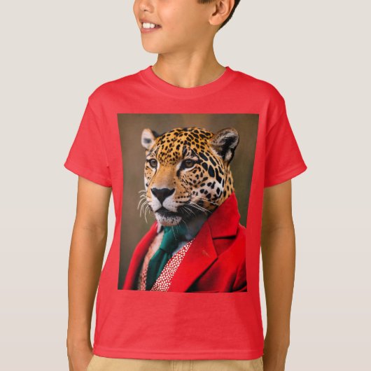 Kinderen T-shirt met Happy Jaguar in een rood pak (Voorkant)