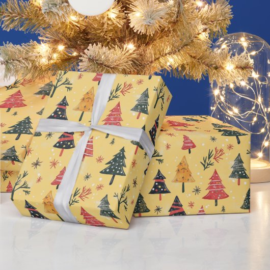 Kinderen tekenen Schattigee kerstboom geel Cadeaupapier (Feestdagen)