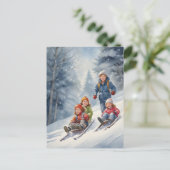 Kinderen Toboggan Winter Scene Briefkaart (Staand voorkant)