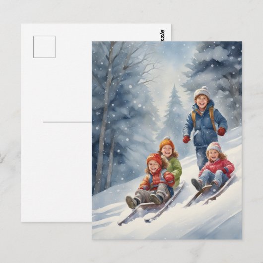 Kinderen Toboggan Winter Scene Briefkaart (Voorkant / Achterkant)