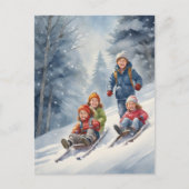 Kinderen Toboggan Winter Scene Briefkaart (Voorkant)