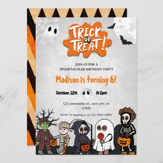Kinderen Trick or treat Halloween Feestuitnodiging Kaart (Voorkant / Achterkant)