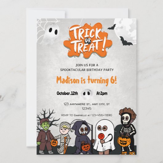 Kinderen Trick or treat Halloween Feestuitnodiging Kaart (Voorkant)