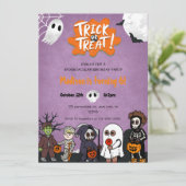 Kinderen Trick or treat Halloween Feestuitnodiging Kaart (Staand voorkant)
