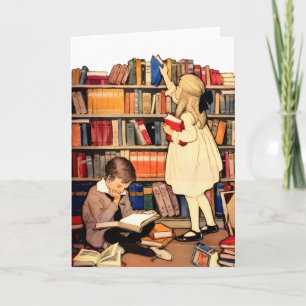 Kinderen uit het verleden die bibliotheekboeken le kaart