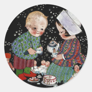 Kinderen uit het verleden met een denkbeeldig thee ronde sticker