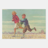 Kinderen uit het verleden rennen naar school met b inpakpapier vel (Voorkant)