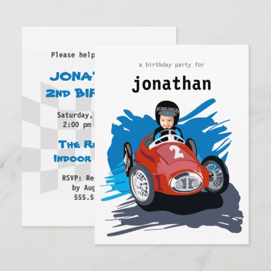Kinderen - uitnodiging op zaterdag - racewagen (Voorkant / Achterkant)