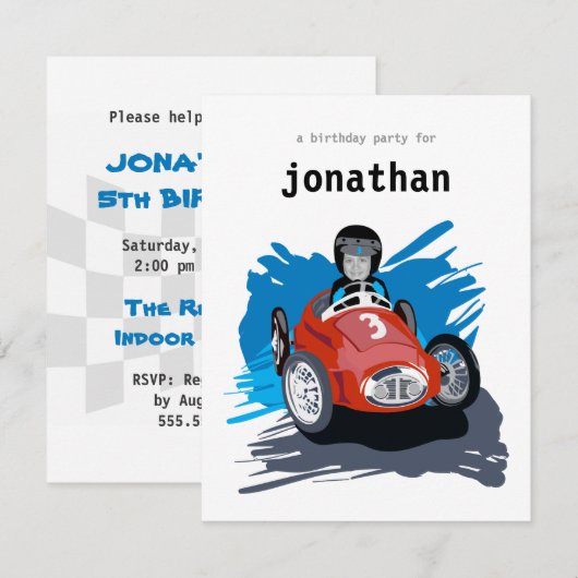 Kinderen - uitnodiging op zaterdag - racewagen (Voorkant / Achterkant)