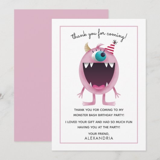 Kinderen van 2 september Dank je wel | Roze monste Bedankkaart (Voorkant / Achterkant)