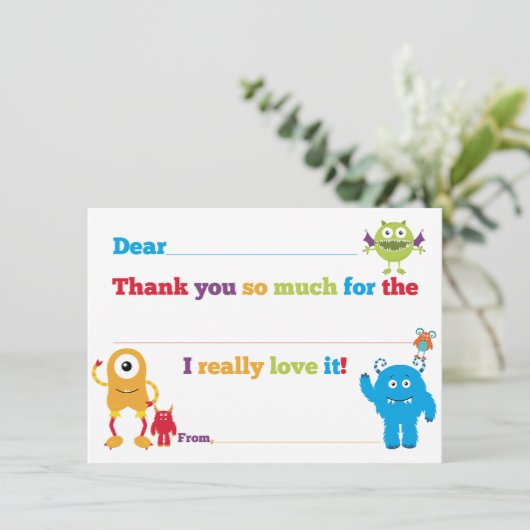 Kinderen van Birthday Monster vullen Bedankt kaart (Staand voorkant)