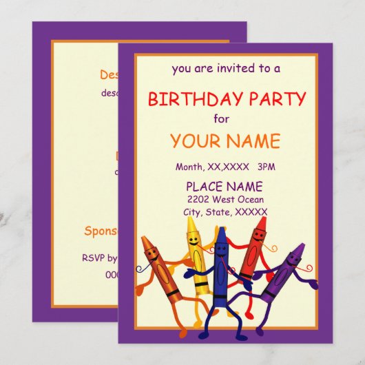 Kinderen van Birthday Party Crayon Design Uitnodig Kaart (Voorkant / Achterkant)