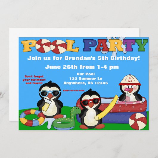 Kinderen van de poolpartij Birthday Uitnodiging (Voorkant / Achterkant)