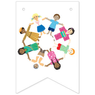 Kinderen van de wereld houden handen vast vlaggetjes