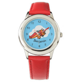 Kinderen van klein rood vliegtuigontwerp volgen horloge
