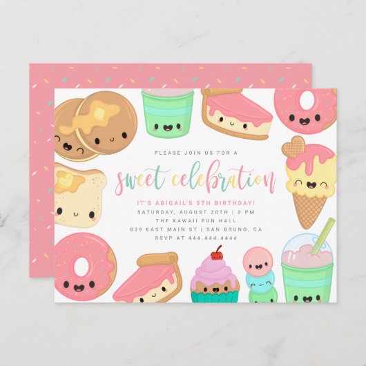 Kinderen van kleurrijke Kawaii Sweet Elements Birt Uitnodiging Briefkaart (Voorkant / Achterkant)