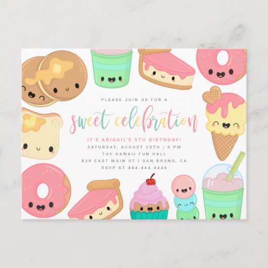 Kinderen van kleurrijke Kawaii Sweet Elements Birt Uitnodiging Briefkaart (Voorkant)