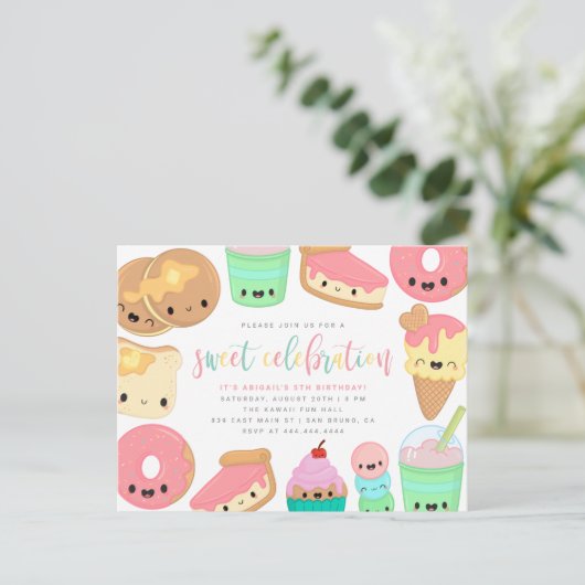 Kinderen van kleurrijke Kawaii Sweet Elements Birt Uitnodiging Briefkaart (Staand voorkant)