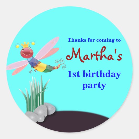 Kinderen Verjaardag Dank u Stickers: Dragonfly Ronde Sticker (Voorkant)
