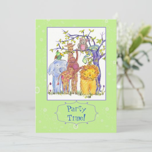 Kinderen Verjaardag Uitnodiging Dierenpark Dieren  (Staand voorkant)