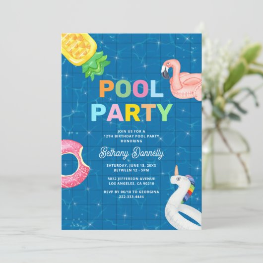 Kinderen Verjaardag Zomer Zwembad Party Kaart (Staand voorkant)