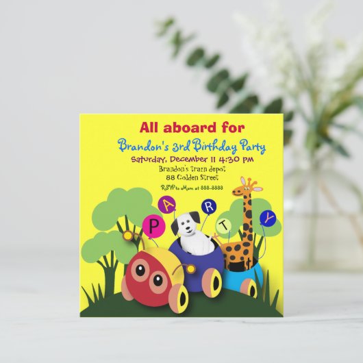 Kinderen verjaardagsfeest Uitnodiging 050: Fun Tra (Staand voorkant)