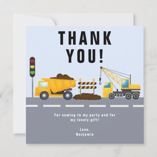 Kinderen verjaardagsfeestje bouwwagen bedankkaart (Voorkant)