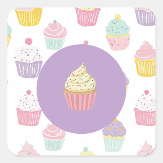 Kinderen verjaardagsfeestje cupcake pastel patroon vierkante sticker (Voorkant)