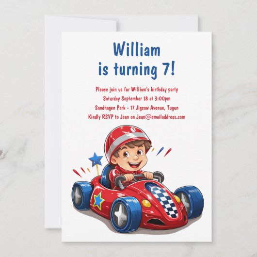 Kinderen Verjaardagsfeestje Race Auto Uitnodiging (Voorkant)