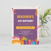 Kinderen verjaardagsfeestje taart en geschenken on kaart (Staand voorkant)