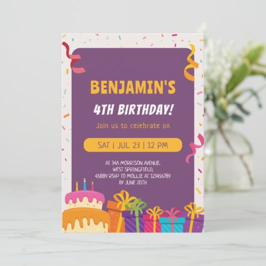 Kinderen verjaardagsfeestje taart en geschenken on kaart (Staand voorkant)