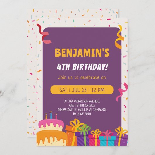 Kinderen verjaardagsfeestje taart en geschenken on kaart (Voorkant / Achterkant)