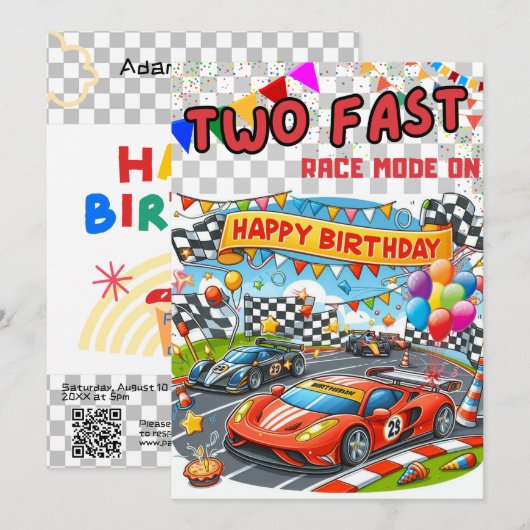 Kinderen verjaardagsuitnodiging: Twee snelle auto' Kaart (Voorkant / Achterkant)