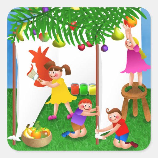Kinderen vieren het joodse feest van Sukkot Vierkante Sticker (Voorkant)